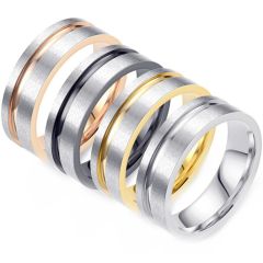 **COI Titanium Silver/Black/Gold Tone/Rose Silver Offset Groove Pipe Cut Flat Ring-8371BB