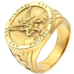 **COI Titanium Black/Gold Tone/Silver St Michael Protect Us Ring-8399BB