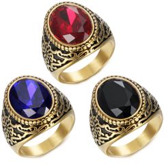 **COI Titanium Gold Tone Black Celtic Ring With Created Blue Sapphire/Red Ruby/Black Onyx-8402BB