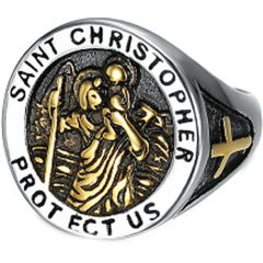 **COI Titanium Gold Tone/Silver/Gold Tone & Silver Saint Christopher Protect Us Ring-8412BB