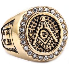 **COI Titanium Gold Tone Black Masonic Freemason Ring With Cubic Zirconia-8414BB
