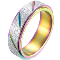 **COI Titanium Rainbow Color Silver Diagonal Grooves Sandblasted Ring-8415BB