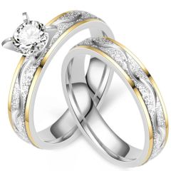 **COI Titanium Gold Tone Silver Solitaire Ring Wedding Set-8451CC(A Set With Two Rings)