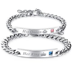 COI Titanium Her King His Queen Crown Cubic Zirconia Bracelet With Steel Clasp(Length: 7.67 inches or 9.05 inches)-8496BB