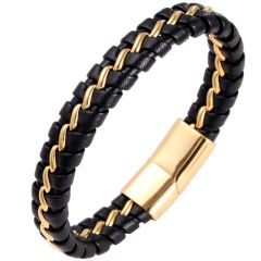 COI Gold Tone Titanium Black Leather Bracelet With Steel Clasp(Length: 8.26 inches)-8564BB