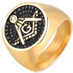 **COI Titanium Black Gold Tone Masonic Freemason Ring-8566BB