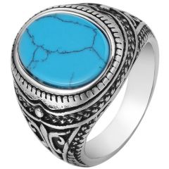 **COI Titanium Black Silver Ring With Blue Turquoise/Black Onyx-8578BB