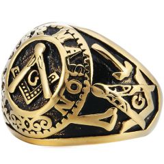 **COI Titanium Black Gold Tone Masonic Freemason Ring-8579BB