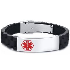COI Titanium Medical Alert Bracelet With Black Silicon & Steel Clasp(Length: 8.26 inches)-8589BB