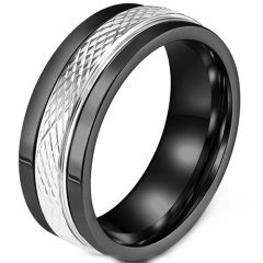 **COI Titanium Black Silver Grooves Ring-8597BB