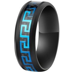 **COI Black Titanium Gold Tone/Blue/Green Greek Key Pattern Beveled Edges Ring-8625BB