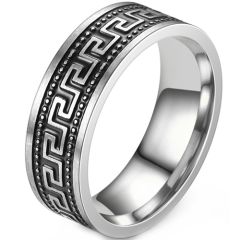 **COI Titanium Black Silver Greek Key Pattern Ring-8631BB