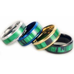 **COI Titanium Black/Gold Tone/Silver/Blue Beveled Edges Ring With Green Wood-8651BB