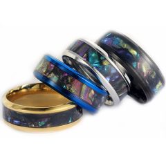 **COI Titanium Black/Gold Tone/Silver/Blue Beveled Edges Ring With Abalone Shell-8652BB