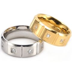 **COI Titanium Gold Tone/Silver Grooves Beveled Edges Ring With Cubic Zirconia-8681BB