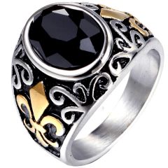 **COI Titanium Black Gold Tone/Silver Fleur De Lis Ring With Black Onyx-8699BB