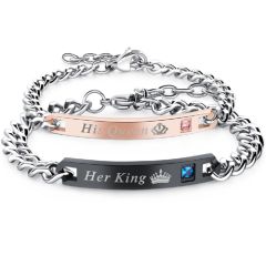 **COI Titanium Black/Rose Silver Her King His Queen Bracelet With Steel Clasp(Length: 7.67 inches/9.05 inches)-8707BB