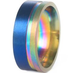 **COI Titanium Blue Gold Tone Rainbow Color Offset Groove Pipe Cut Flat Ring-8713BB