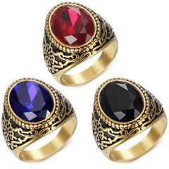 **COI Titanium Black Gold Tone Ring With Black Onyx/Created Blue Sapphire/Red Ruby-8721BB