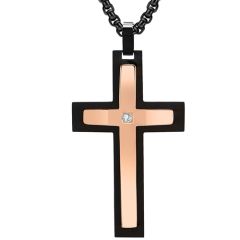 **COI Titanium Black Rose/Gold Tone/Silver Cross Pendant With Cubic Zirconia-8783BB