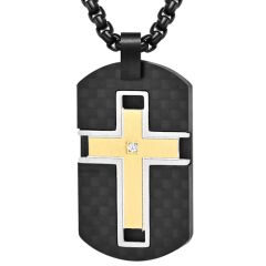 **COI Titanium Gold Tone/Black Cross Carbon Fiber Pendant With Cubic Zirconia-8785BB