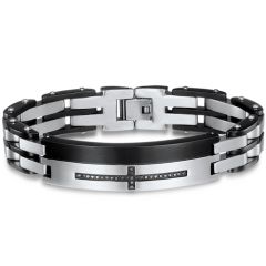 **COI Titanium Black Silver Cross Cubic Zirconia Bracelet With Steel Clasp(Length: 8.27 inches)-8787BB