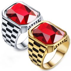 **COI Titanium Black Gold Tone/Silver Checkered Flag Ring With Created Red Ruby-8796BB