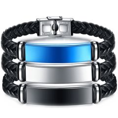 **COI Titanium Black/Blue/Silver Leather Bracelet With Steel Clasp(Length: 8.66 inches)-8800BB