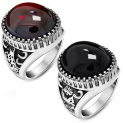 **COI Titanium Black Silver Ring With Black Onyx or Created Red Ruby Cabochon-8808BB
