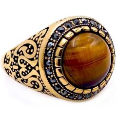 **COI Titanium Black Gold Tone Celtic Ring With Tiger Eye & Cubic Zirconia-8819BB