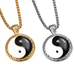 **COI Titanium Gold Tone/Silver Black White Ying Yang Pendant With Cubic Zirconia-8836BB