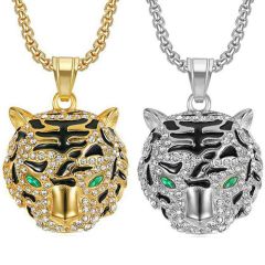 **COI Titanium Black Gold Tone/Silver Tiger Pendant With Created Green Emerald-8848BB