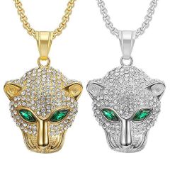 **COI Titanium Gold Tone/Silver Leopard Pendant With Cubic Zirconia & Created Green Emerald-8852BB