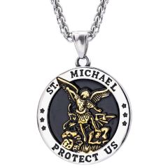 **COI Titanium Black Gold Tone Silver/Black Silver St Michael Protect Us Pendant-8891BB