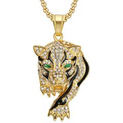 **COI Titanium Gold Tone Black Leopard Pendant With Created Emerald-8896BB