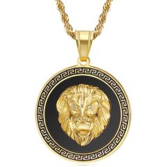 **COI Titanium Black Gold Tone/Silver Lion Pendant With Greek Key Pattern-8899BB