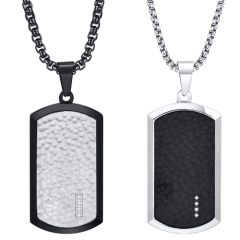 **COI Titanium Black Silver Hammered Dog Tag Pendant With Cubic Zirconia-8920BB