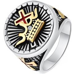 **COI Titanium Black Gold Tone Silver/Black Gold Tone Cross & Crown Ring-8928BB