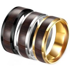 **COI Titanium Black/Gold Tone/Silver Beveled Edges Ring With Wood-8935BB