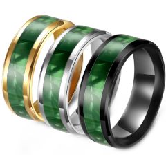 **COI Titanium Black/Gold Tone/Silver Beveled Edges Ring With Green Wood-8936BB