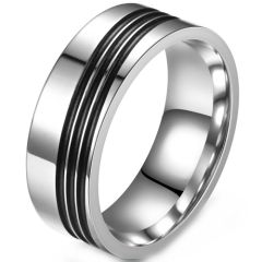 **COI Titanium Black Silver Diagonal Grooves Pipe Cut Flat Ring-8966BB