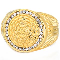 **COI Gold Tone Titanium Masonic Freemason Ring With Cubic Zirconia-8977BB