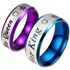 **COI Titanium Blue/Purple King Queen Crown Beveled Edges Ring With Cubic Zirconia-8979BB