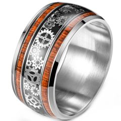**COI Titanium Black Silver Gears Ring With Wood-8981BB