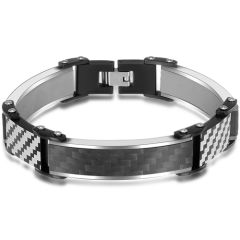 **COI Titanium Black Blue/Silver Checkered Flag Carbon Fiber Bracelet With Steel Clasp(Length: 8.27 inches)-8994BB