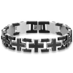 **COI Titanium Black Silver Cross Bracelet With Steel Clasp(Length: 8.27 inches)-8995BB