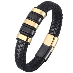 **COI Titanium Black Gold Tone/Silver/Black Genuine Leather Bracelet With Steel Clasp(Length: 8.07 inches)-8999BB