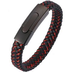 **COI Titanium Black Red Genuine Leather Bracelet With Steel Clasp(Length: 8.07 inches)-9002BB