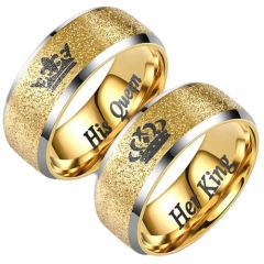 **COI Titanium Gold Tone Silver Sandblasted King Queen Crown Beveled Edges Ring-9033BB
