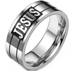 **COI Titanium Black Silver Jesus Double Grooves Ring-9037BB